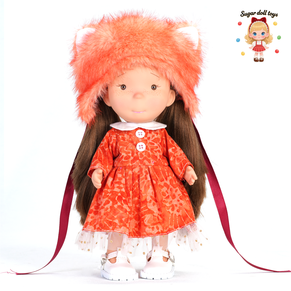 24cm Mia Freckle Long‑Face Doll, Orange Fox Furry Hat Lace Trim Dress Collectible Dress‑Up Doll, Warm Festive Gift for Girls & Doll Lovers