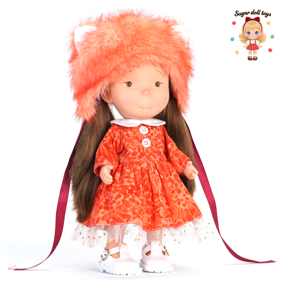 24cm Mia Freckle Long‑Face Doll, Orange Fox Furry Hat Lace Trim Dress Collectible Dress‑Up Doll, Warm Festive Gift for Girls & Doll Lovers