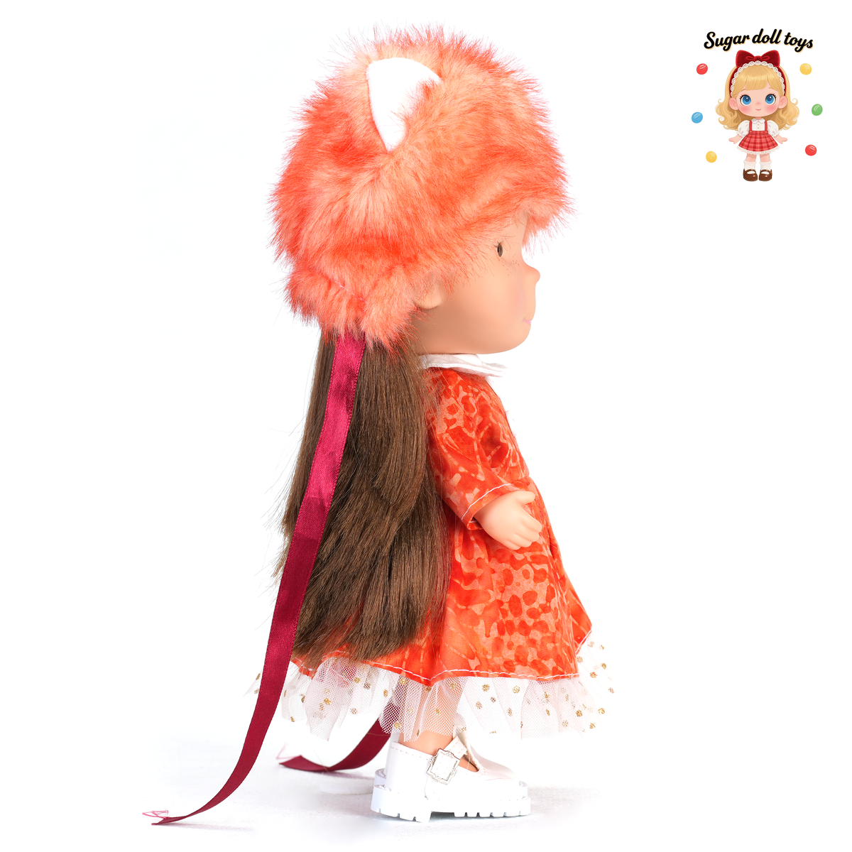 24cm Mia Freckle Long‑Face Doll, Orange Fox Furry Hat Lace Trim Dress Collectible Dress‑Up Doll, Warm Festive Gift for Girls & Doll Lovers
