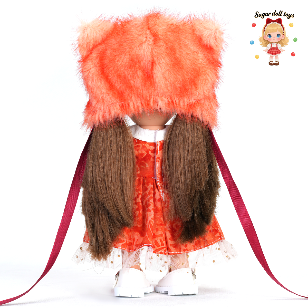 24cm Mia Freckle Long‑Face Doll, Orange Fox Furry Hat Lace Trim Dress Collectible Dress‑Up Doll, Warm Festive Gift for Girls & Doll Lovers