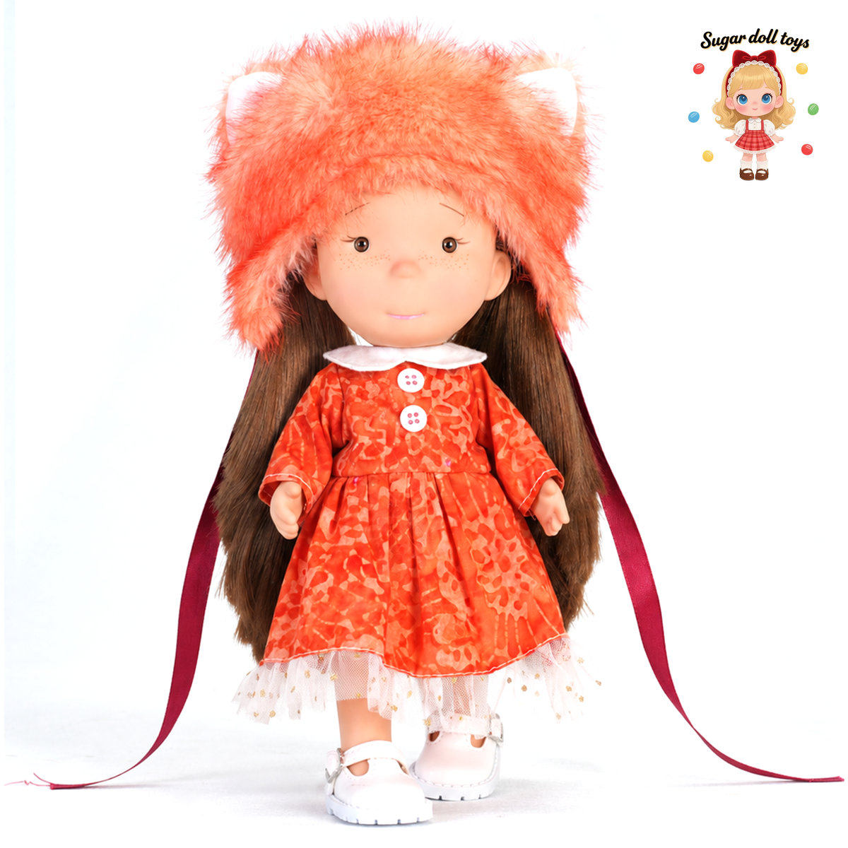 24cm Mia Freckle Long‑Face Doll, Orange Fox Furry Hat Lace Trim Dress Collectible Dress‑Up Doll, Warm Festive Gift for Girls & Doll Lovers