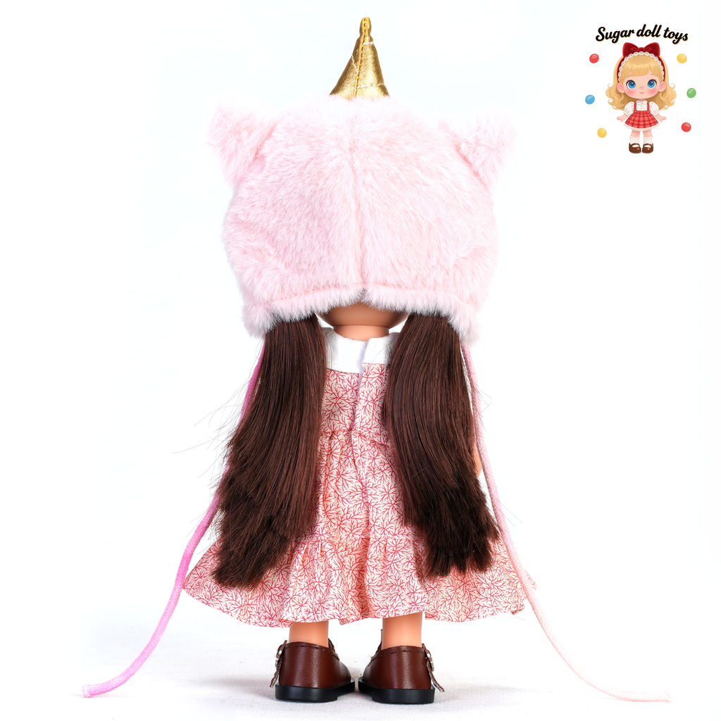 24cm Mia Freckle Long‑Face Doll, Pink Plush Unicorn Cat‑Ear Hat Floral Print Dress Collectible Dress‑Up Doll, Sweet Fantasy Gift for Girls & Doll Lovers