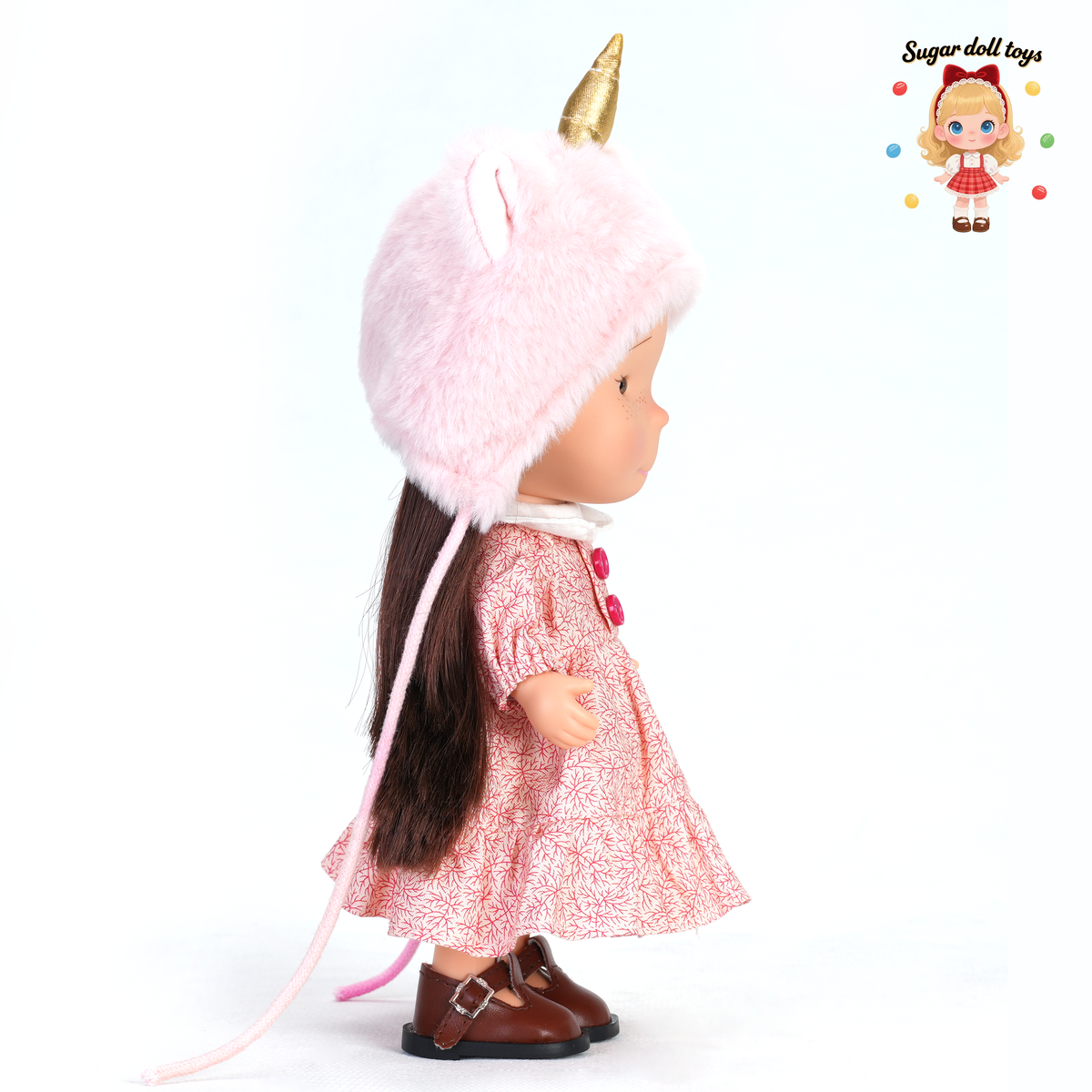 24cm Mia Freckle Long‑Face Doll, Pink Plush Unicorn Cat‑Ear Hat Floral Print Dress Collectible Dress‑Up Doll, Sweet Fantasy Gift for Girls & Doll Lovers