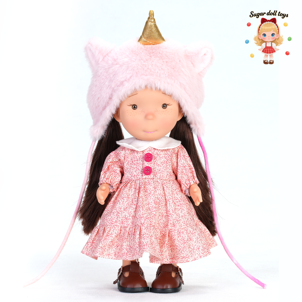 24cm Mia Freckle Long‑Face Doll, Pink Plush Unicorn Cat‑Ear Hat Floral Print Dress Collectible Dress‑Up Doll, Sweet Fantasy Gift for Girls & Doll Lovers