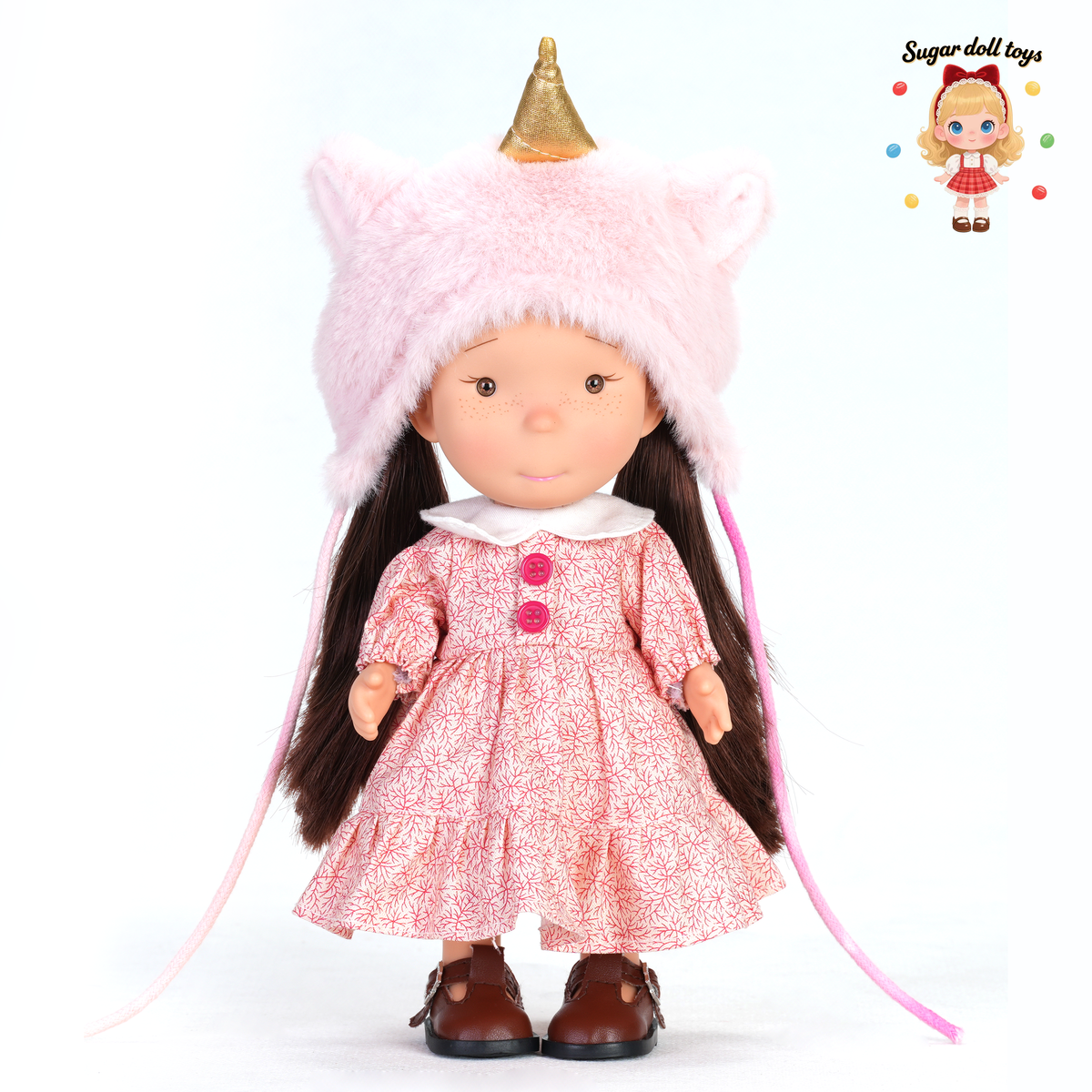 24cm Mia Freckle Long‑Face Doll, Pink Plush Unicorn Cat‑Ear Hat Floral Print Dress Collectible Dress‑Up Doll, Sweet Fantasy Gift for Girls & Doll Lovers