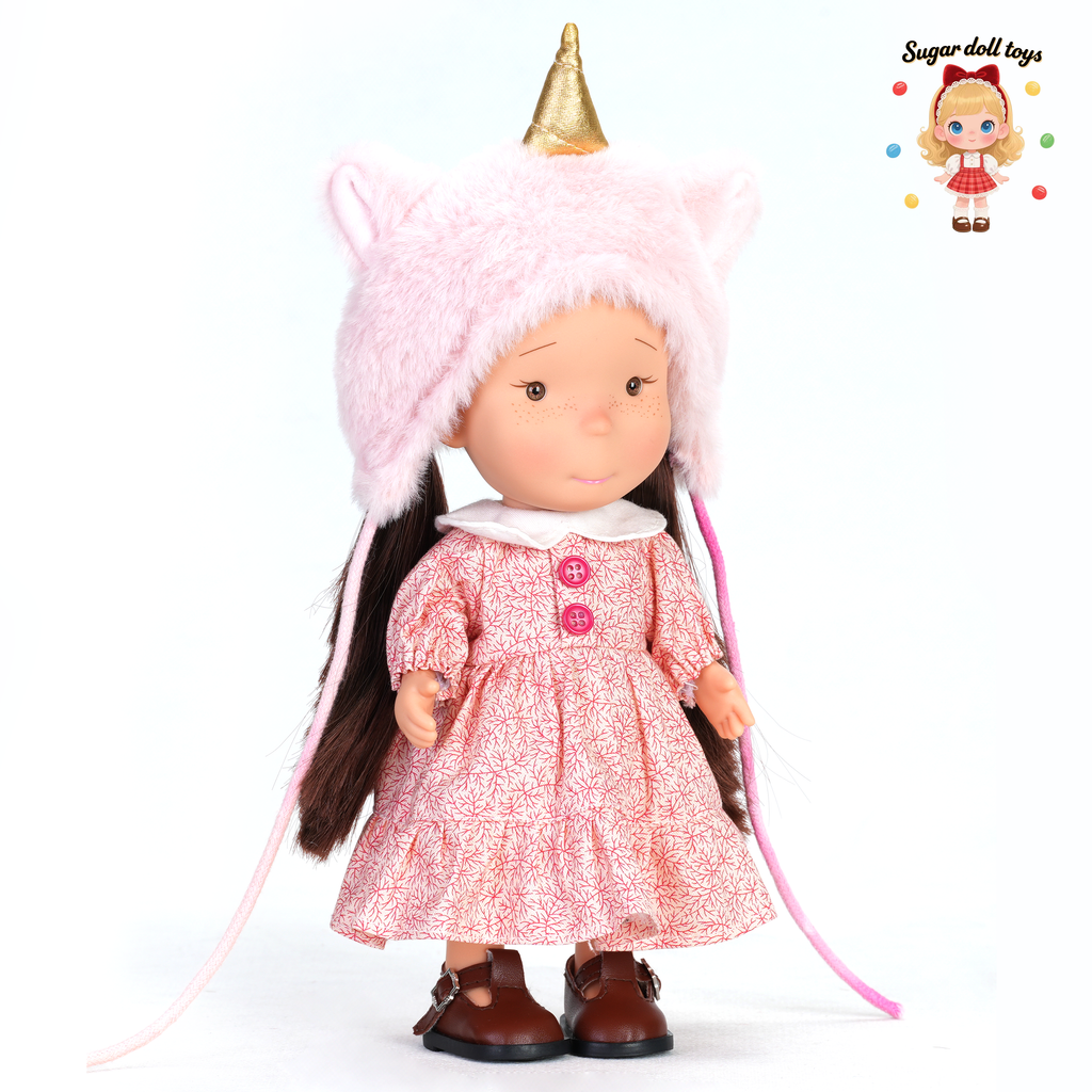 24cm Mia Freckle Long‑Face Doll, Pink Plush Unicorn Cat‑Ear Hat Floral Print Dress Collectible Dress‑Up Doll, Sweet Fantasy Gift for Girls & Doll Lovers