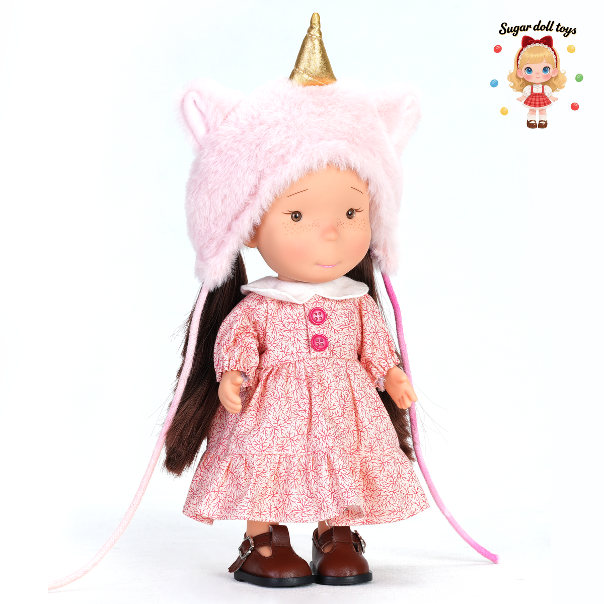 24cm Mia Freckle Long‑Face Doll, Pink Plush Unicorn Cat‑Ear Hat Floral Print Dress Collectible Dress‑Up Doll, Sweet Fantasy Gift for Girls & Doll Lovers