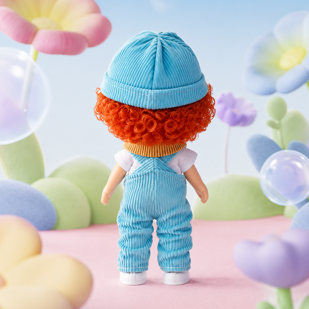 14cm MIA Potato Doll Keychain Pendant Fluffy Red Curly Hair Light Blue Corduroy Hat Carrot Patch Overalls White Inner Shirt White Shoes Braided Blue Lanyard Strap Farm Casual Style Backpack Charm Birthday Christmas Holiday Gift for Kids & Doll Collectors