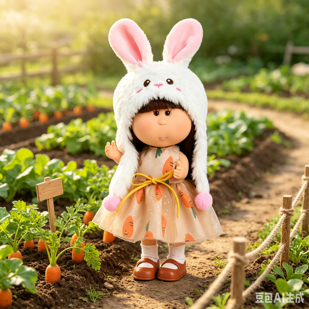 24cm Mia Round-Faced Doll – Features Brown Bangs, Fluffy White Rabbit-Ear Hat, and Carrot-Print Glitter Tulle Dress; Collectible Dress-Up Doll – Pastoral Bunny-Themed Gift for Girls & Collectors (Easter/Christmas Gift)