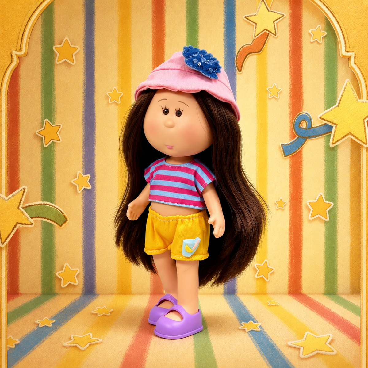 24cm MIA Potato Doll – Long Brown Hair, Pink Bucket Hat, Summer Casual Outfit, Purple Flat Shoes. Vacation‑style doll—perfect as a birthday, Christmas, Children’s Day gift for imaginative play.