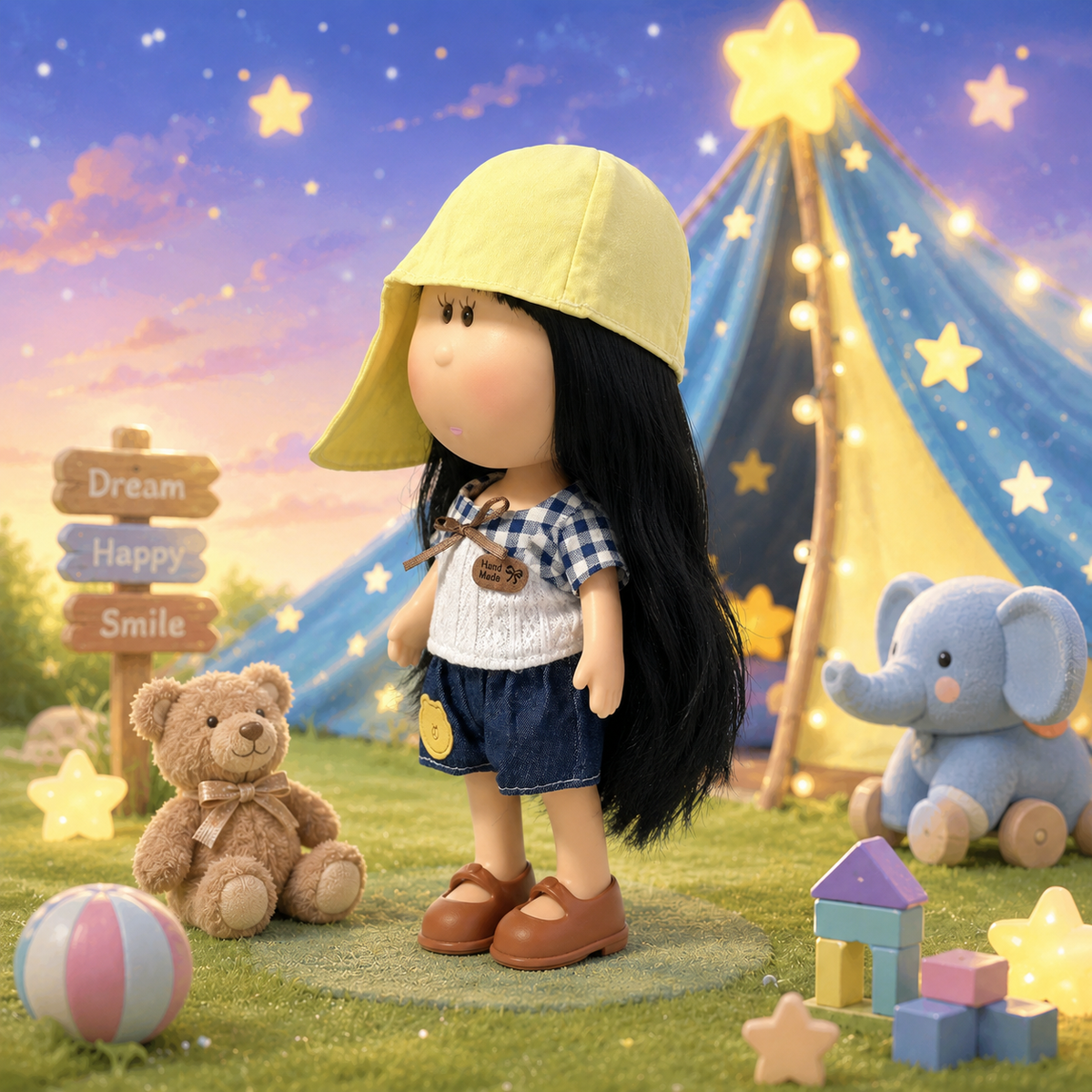 24cm MIA Potato Doll Long Straight Black Hair with Light Yellow Peaked Cap Plaid Spliced Knit Top Bear Patch Denim Shorts Brown Mary Jane Shoes Casual Dress‑Up Toy Birthday Christmas Gift for Children