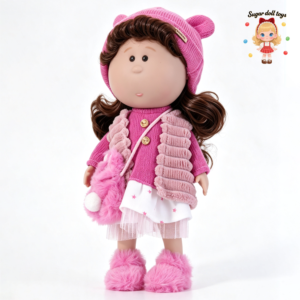 30cm Spanish Mia Potato Doll Pink Plush Bear-Ear Winter Outfit Set, Handmade DIY Dress-Up Collectible Toy, Birthday Holiday Gift for Girls