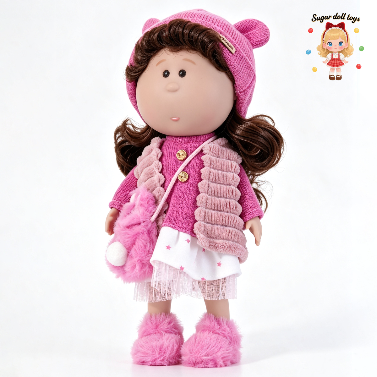 30cm Spanish Mia Potato Doll Pink Plush Bear-Ear Winter Outfit Set, Handmade DIY Dress-Up Collectible Toy, Birthday Holiday Gift for Girls