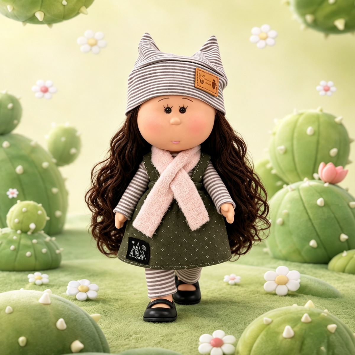 24cm MIA Potato Doll Curly Brown Hair Striped Cat‑Ear Hat Autumn Layered Outfit Removable Clothing Toy Gift for Collectors & Kids