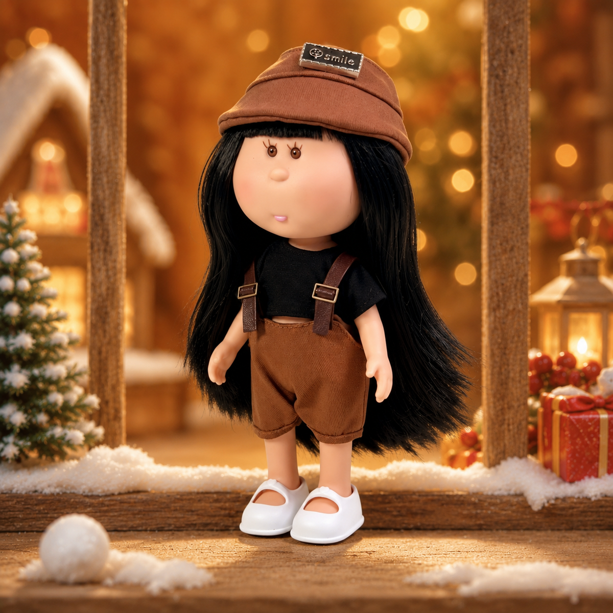 24cm MIA Potato Doll Long Straight Black Hair with Smile‑Label Brown Beret Black Crop Top Brown Corduroy Suspender Shorts White Mary Jane Shoes Fashion Dress‑Up Toy Birthday Christmas Gift for Children