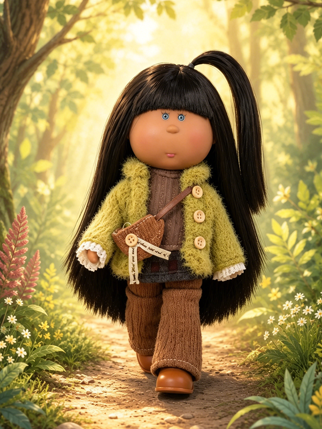 24 CM MIA Potato Dark‑Skin Vinyl Doll Straight Black  Handmade Fabric Crossbody Pouch  Removable Full Autumn Outfit Warm Retro Style Collectible Toy Birthday Gift For Hobbyist Doll Collectors