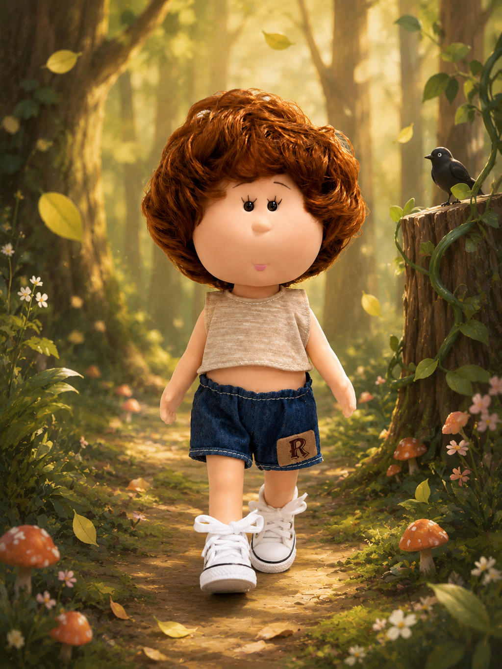 24cm MIA Potato Doll – Reddish-Brown Curly Hair, Sleeveless Tank Top, Denim Shorts, White Canvas Sneakers (Vinyl Collectible Toy) – Birthday Gift / Christmas Toy