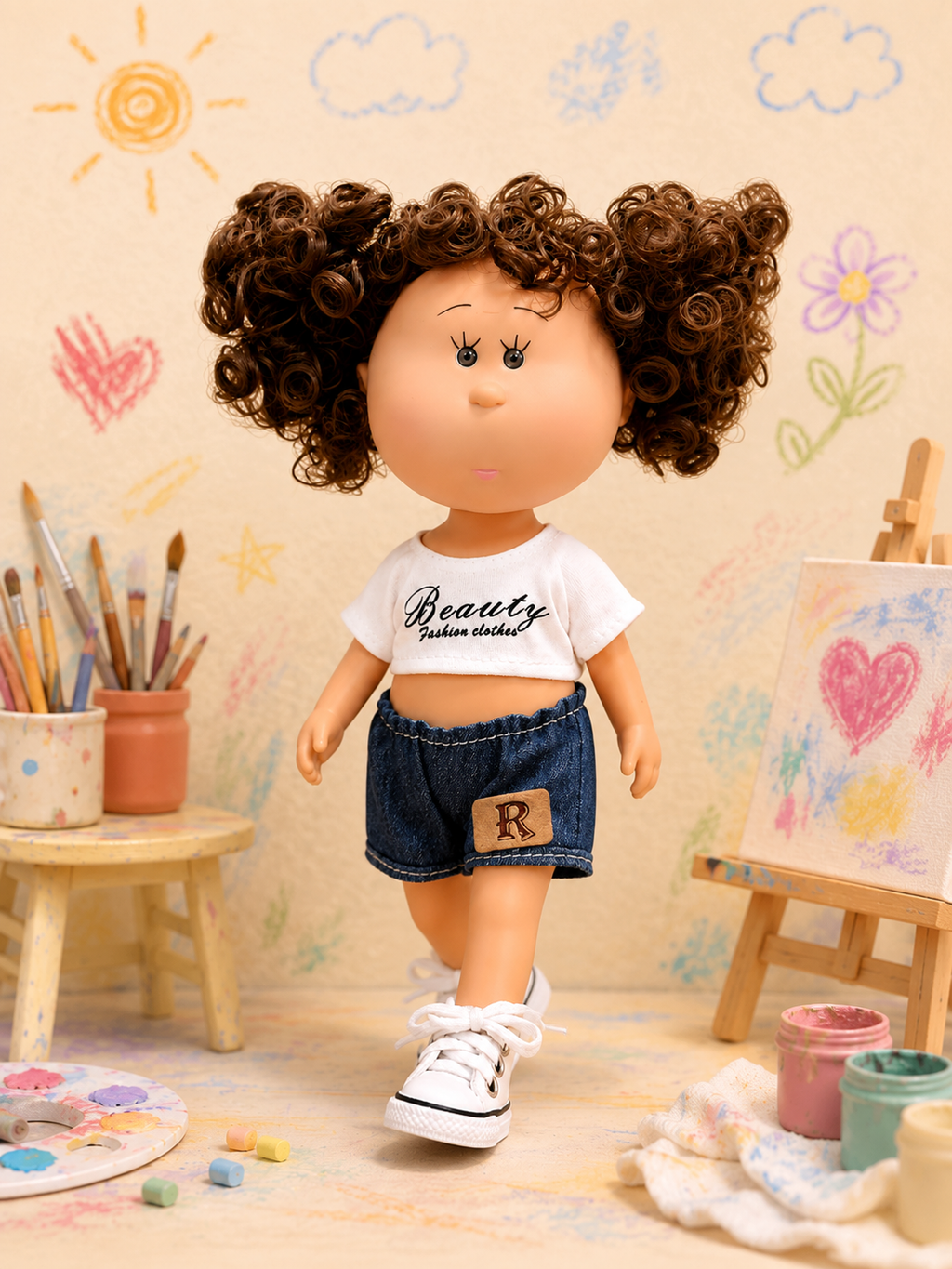24cm MIA Potato Doll Afro Curly Hair Cropped Print T‑Shirt Denim Shorts Sneakers Removable Street Style Outfit Toy Gift for Kids Collectors