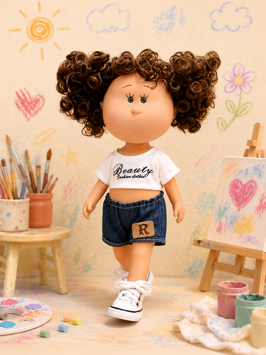 24cm MIA Potato Doll Afro Curly Hair Cropped Print T‑Shirt Denim Shorts Sneakers Removable Street Style Outfit Toy Gift for Kids Collectors