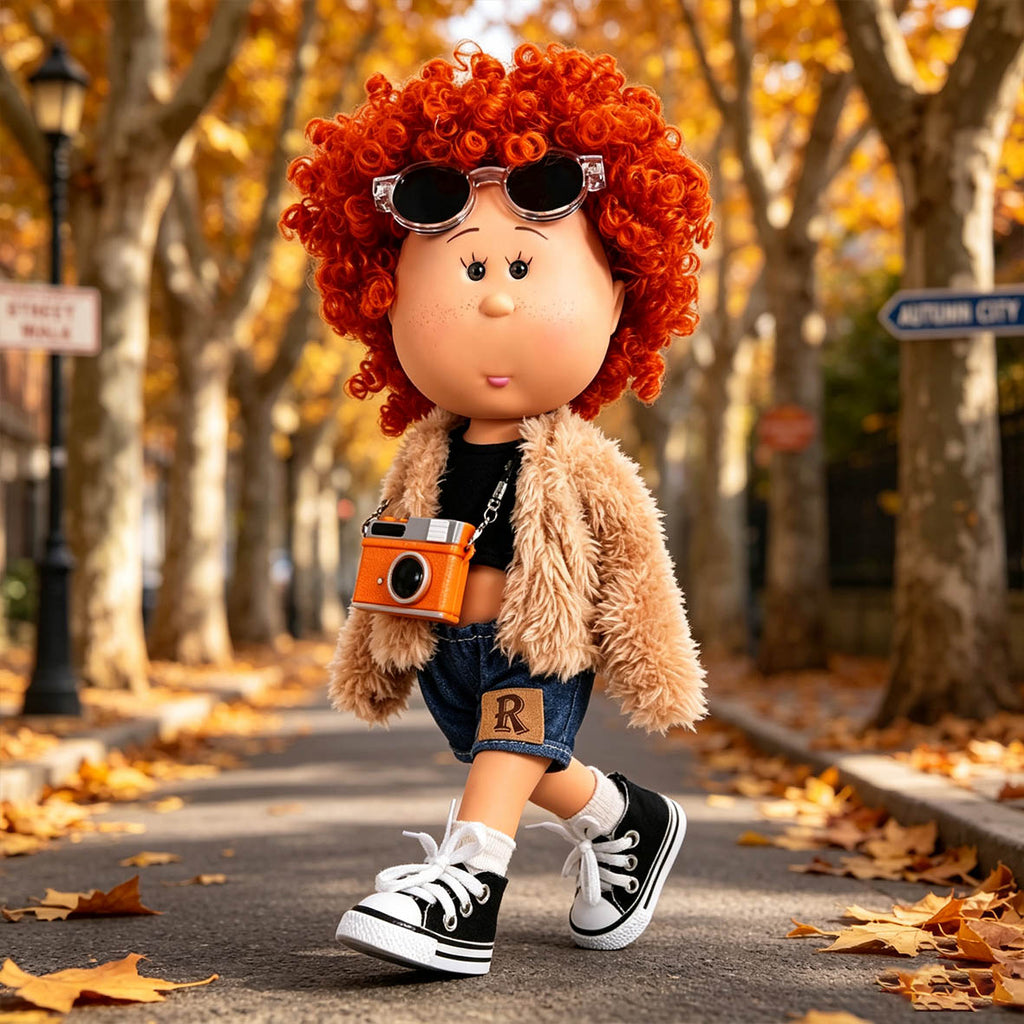 Hip‑hop Street Style MIA Potato Doll 24cm Red Afro Curly Hair Doll Fleece Denim Outfit Pretend Play Collectible Toy Holiday Present for Boys & Girls