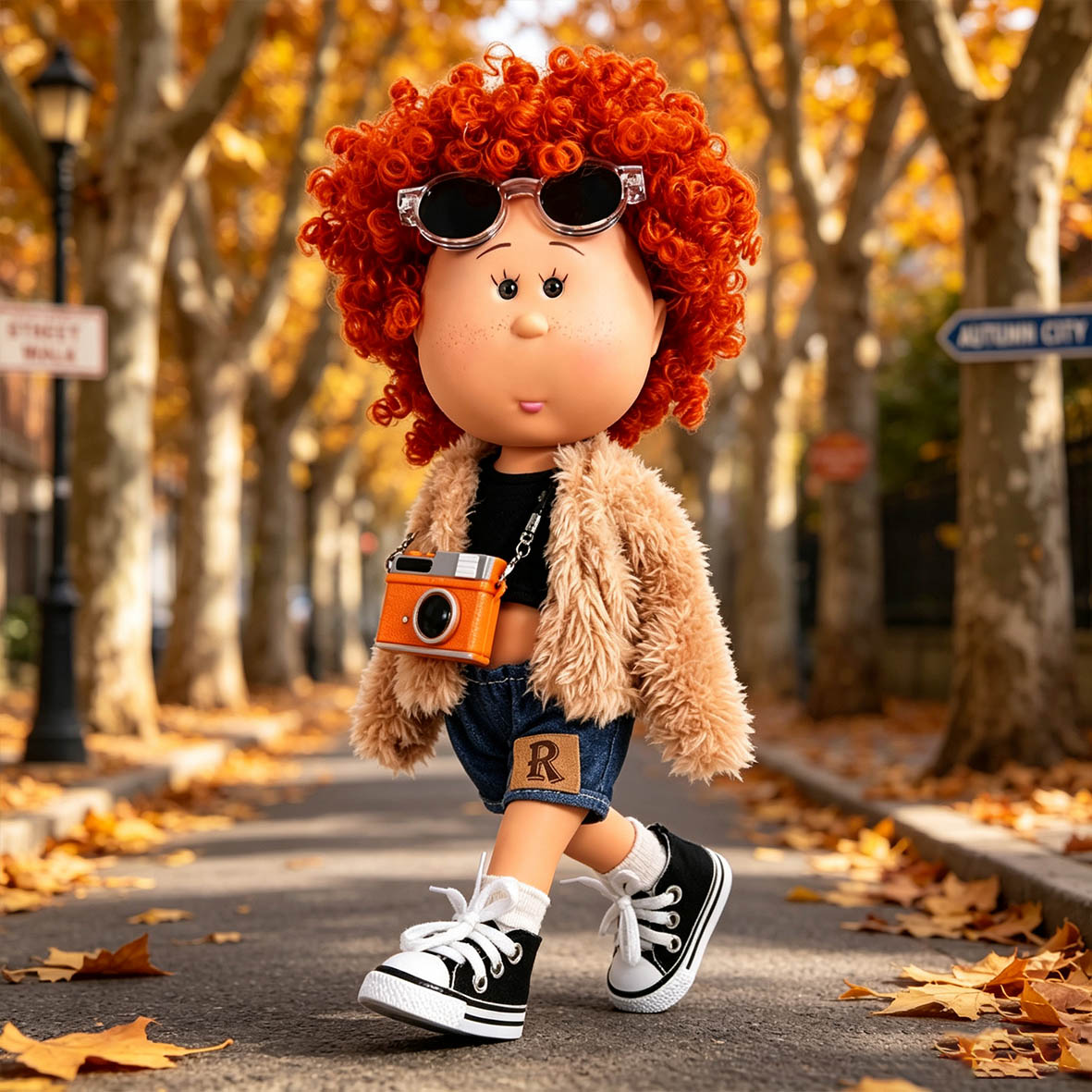 Hip‑hop Street Style MIA Potato Doll 24cm Red Afro Curly Hair Doll Fleece Denim Outfit Pretend Play Collectible Toy Holiday Present for Boys & Girls