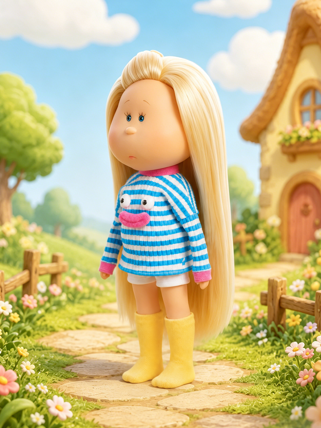24cm Mia Long‑Face Doll, Blonde Straight Hair Cartoon Frog  Striped Knit Top Casual Outfit Collectible Dress‑Up Doll, Playful Fun Gift for Girls & Doll Hobbyists