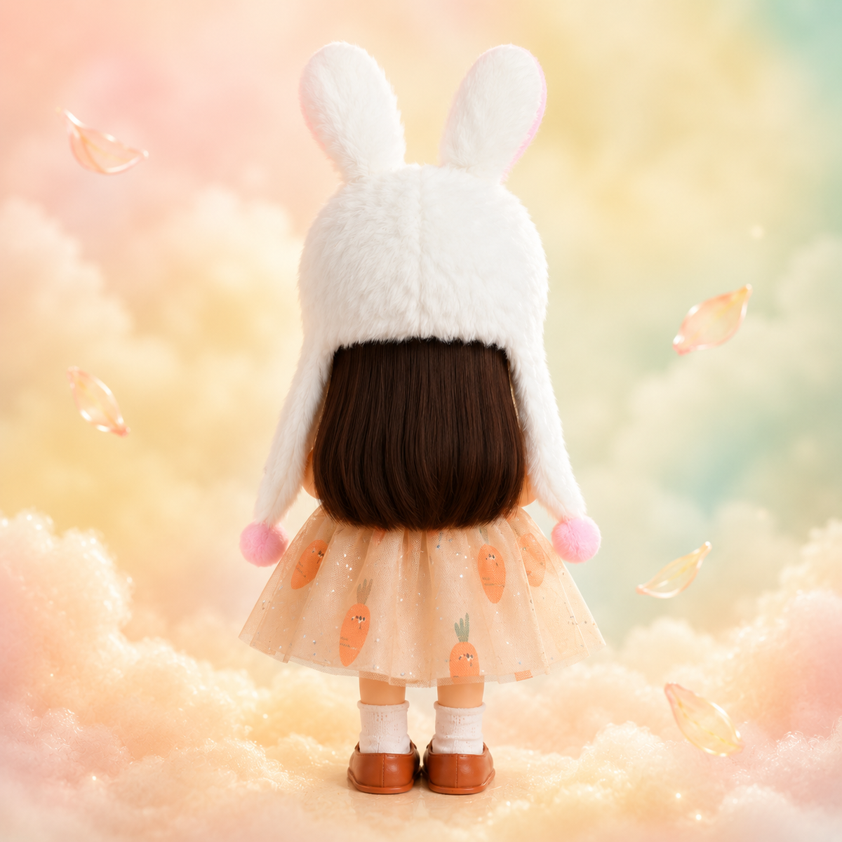 24cm Mia Round-Faced Doll – Features Brown Bangs, Fluffy White Rabbit-Ear Hat, and Carrot-Print Glitter Tulle Dress; Collectible Dress-Up Doll – Pastoral Bunny-Themed Gift for Girls & Collectors (Easter/Christmas Gift)