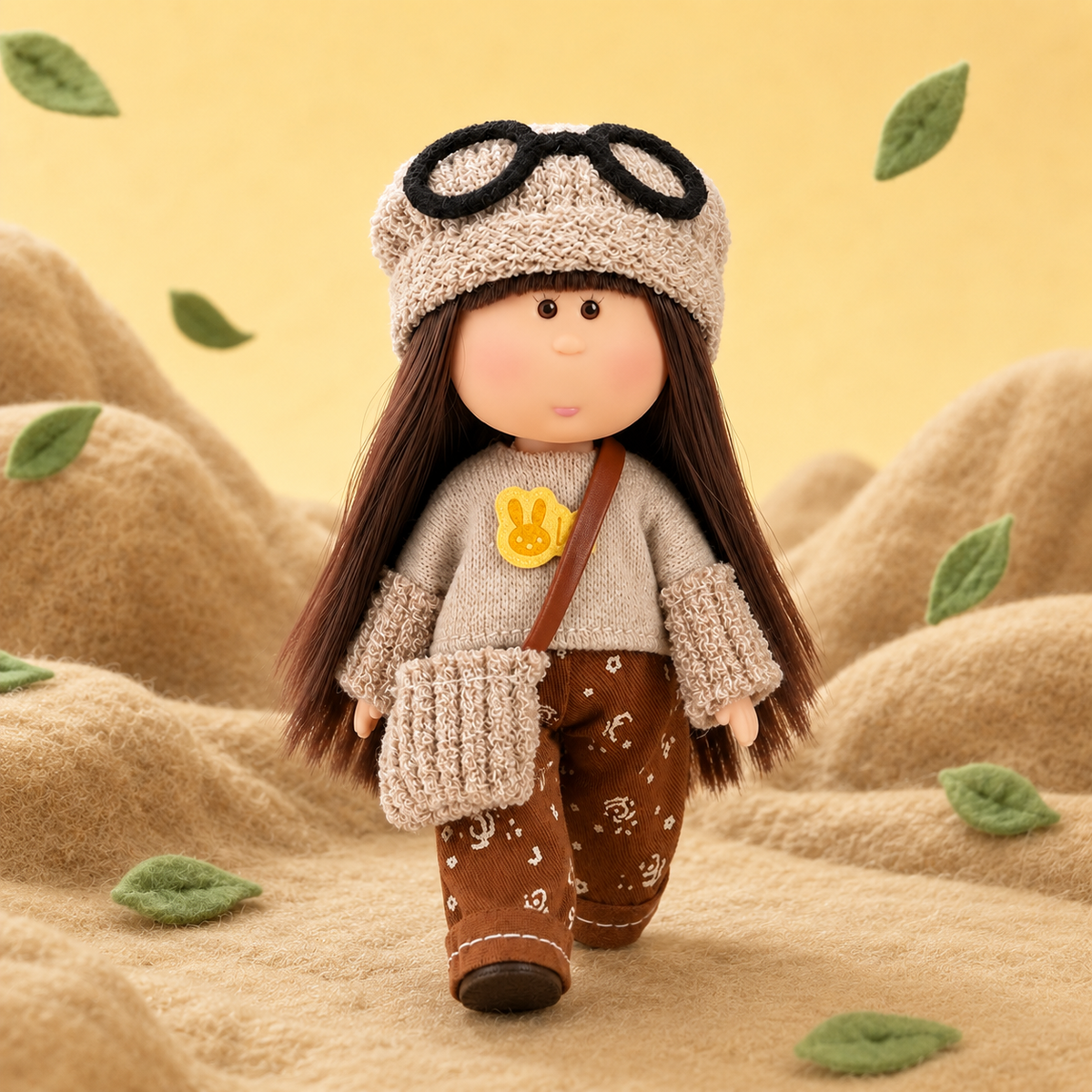 14cm MIA Potato Doll Keychain, Knit Beanie with Glasses Patchwork Sweater Casual Brown Pants Backpack Charm Gift Cafe Retro Style MIA Potato Doll Bag Charm Knitted Outfit Crossbody Strap Portable Collectible Keychain