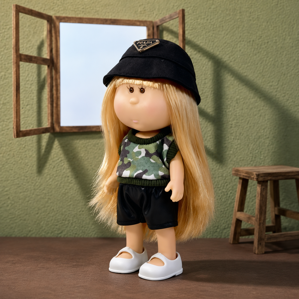 24cm MIA Potato Doll Long Straight Blonde Hair with Black Logo Bucket Hat Camouflage Knit Trim Sleeveless Top Black PU Shorts White Mary Jane Shoes Fashion Dress‑Up Toy Birthday Christmas Gift for Children