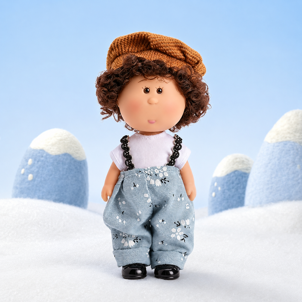 14cm MIA Potato Doll Keychain, Brown Curly Hair Knit Beret Floral Print Suspender Pants Vintage Style Backpack Charm Collector Gift