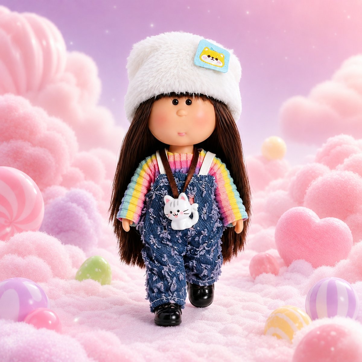 14cm MIA Potato Doll Keychain Pendant Long Straight Brown Hair Fluffy White Cat Patch Hat Rainbow Gradient Knit Top Distressed Denim Overalls White Cat Charm Lanyard Strap Cute Wearable Collectible Bag Accessory Birthday Christmas Holiday Gift for Girls