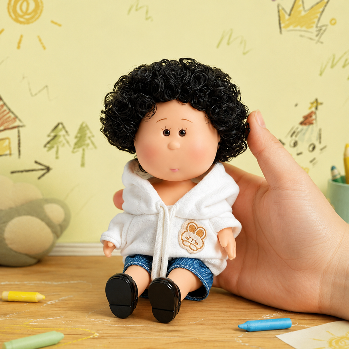 14cm MIA Potato Doll Keychain, Black Curly Hair White Bunny‑Patch Hoodie Denim Shorts Casual Style Backpack Charm Gift for Collectors