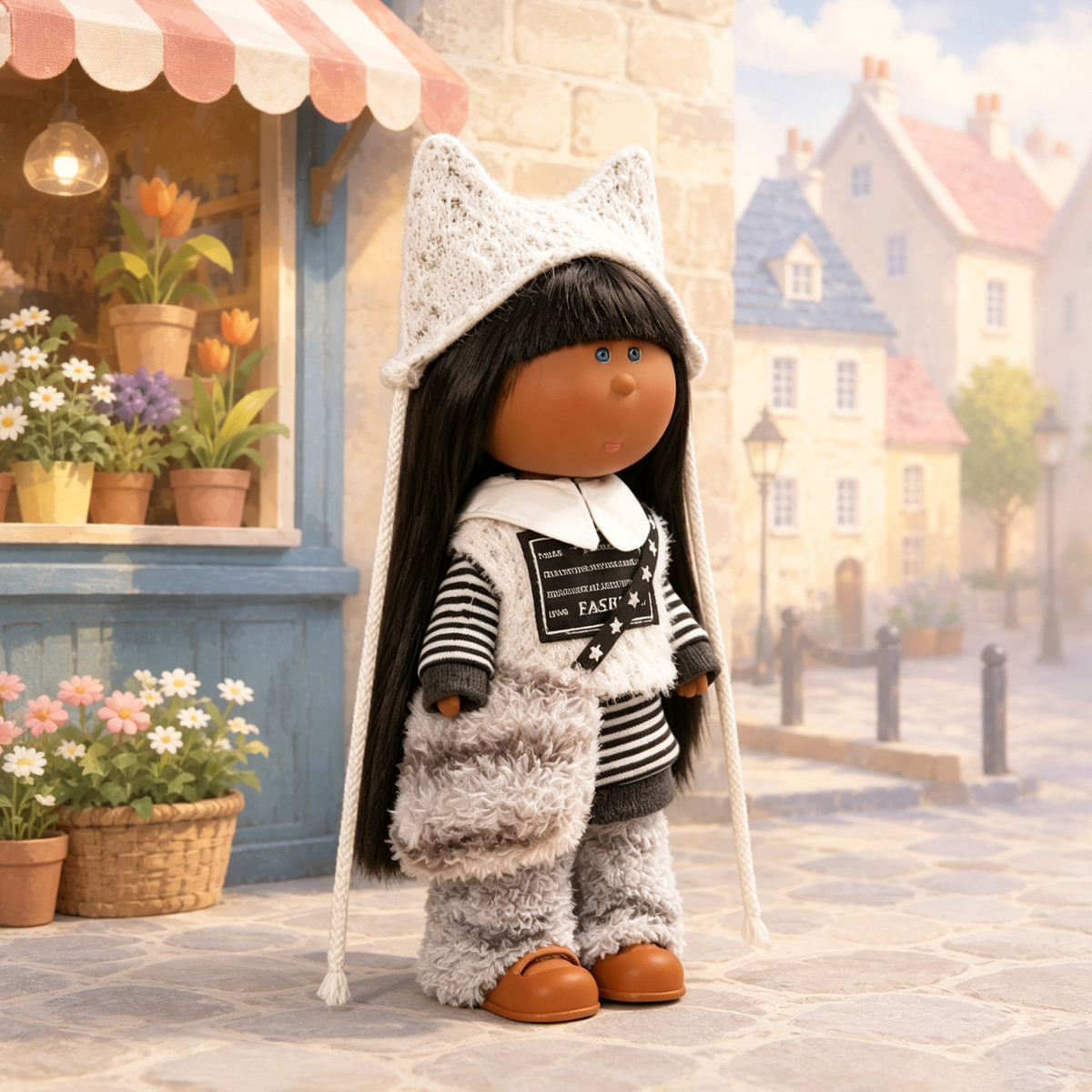 24cm MIA Potato Doll Dark Skin Cat‑Ear Knit Hat Fuzzy Monochrome Winter Outfit Plush Crossbody Bag Vinyl Collectible Toy