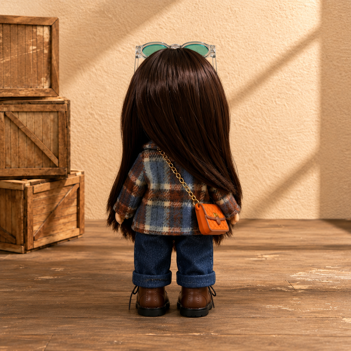 24cm MIA Potato Doll Straight Bangs Long Brown Hair Plaid Woolen Coat Denim Pants Glasses Crossbody Bag Removable Retro Outfit Toy Gift for Collectors