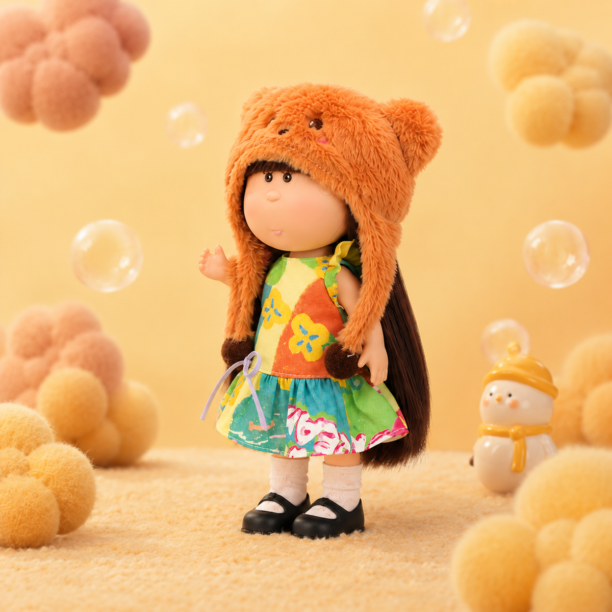 24cm Mia Round‑Face Doll, Brown Straight Bangs Hair Brown Bear Fuzzy Trapper Hat Oil‑Painting Floral Flutter‑Sleeve Dress Collectible Dress‑Up Doll, Playful Forest Style Gift for Girls & Doll Collectors