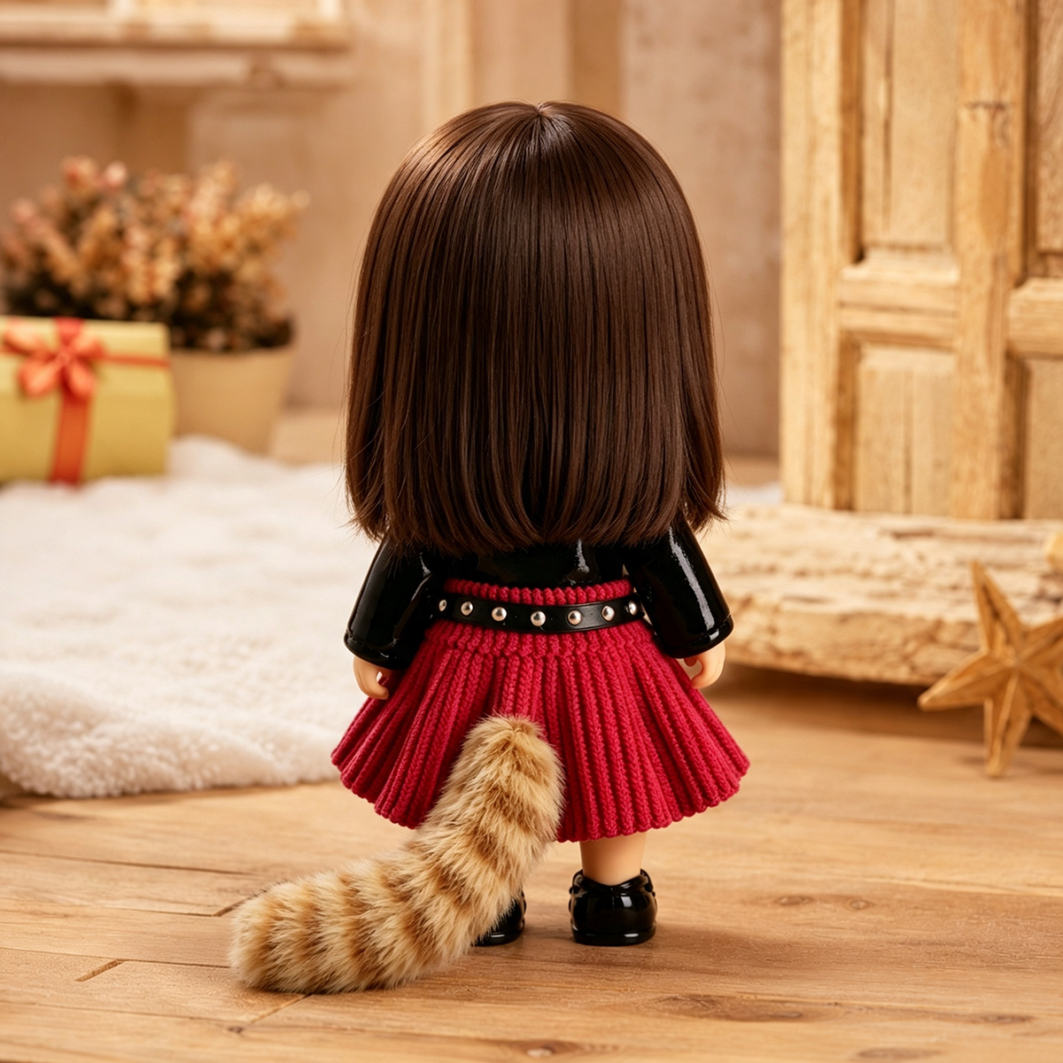 14cm MIA Potato Doll Keychain, Fox‑Ear Furry Coat Red Knit Skirt Animal Cosplay Style Backpack Charm Holiday Gift