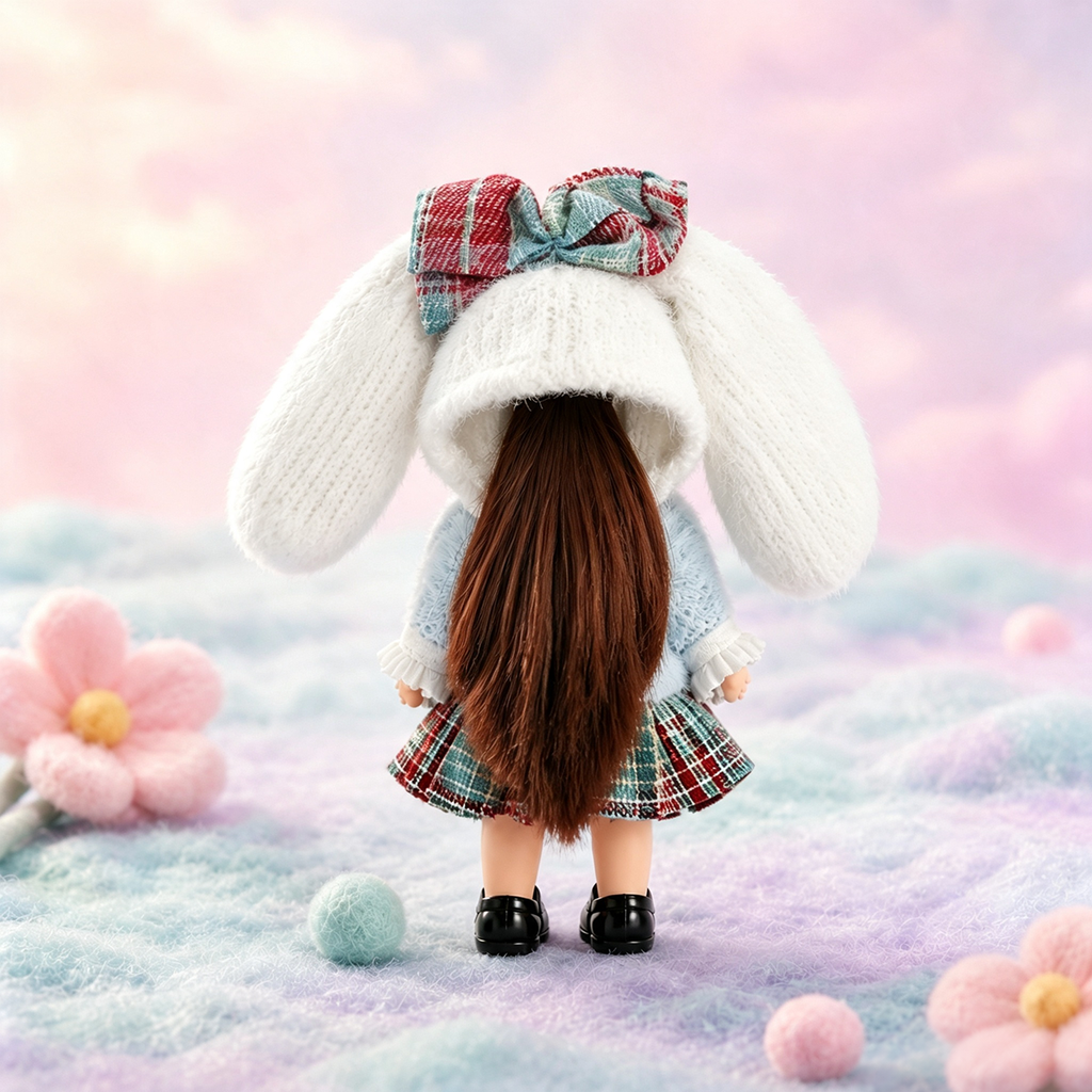 14cm MIA Potato Doll Keychain, Light Blue Furry Bunny Ear Hood Plaid Bow Plush Sweater Plaid Skirt Backpack Charm Holiday Gift