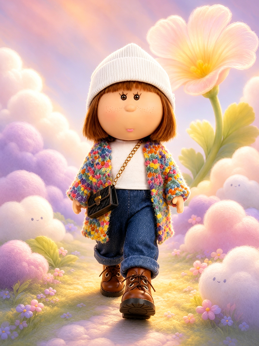 24cm MIA Potato Doll — Brown bob hairstyle, white knitted beanie, colorful crochet jacket, crossbody bag; collectible vinyl toy; gift for girls, Christmas/autumn decor, Thanksgiving gift.