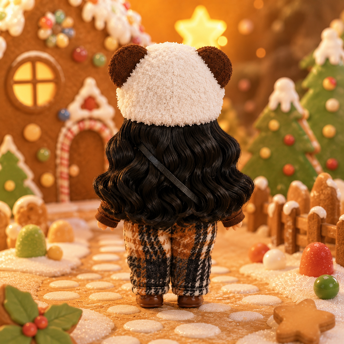 14cm MIA Potato Doll Vintage Casual Earth Tone Outfit 14cm MIA Potato Doll Bag Charm Black Curly Hair Bear Plush Hat Plaid Overalls Portable Collectible Keychain Ornament Present for Youth Hobbyists
