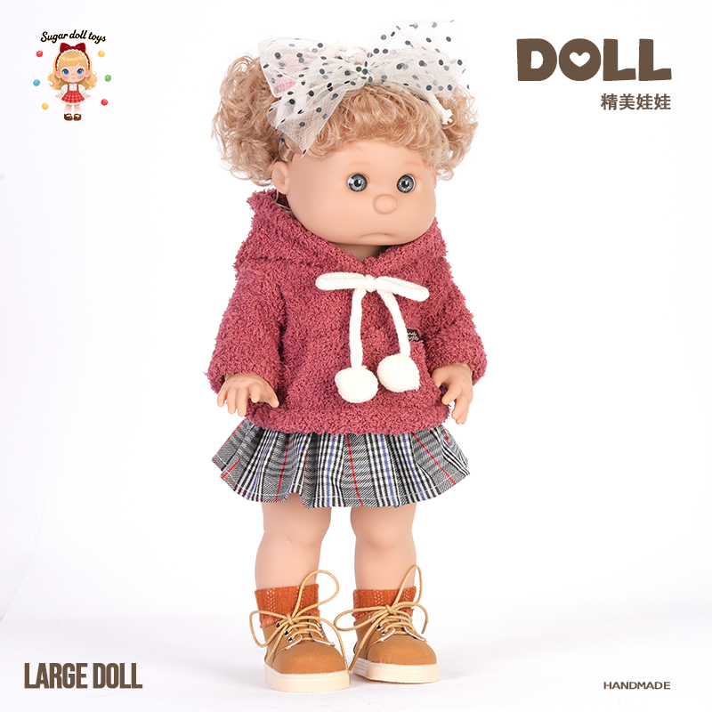 Raspberry Pink Fleece Hoodie Preppy Style Reborn Baby Doll, Handmade Exquisite Large Doll with Plaid Skirt, Perfect Gift for Kids, Collectors & Holiday Surprise