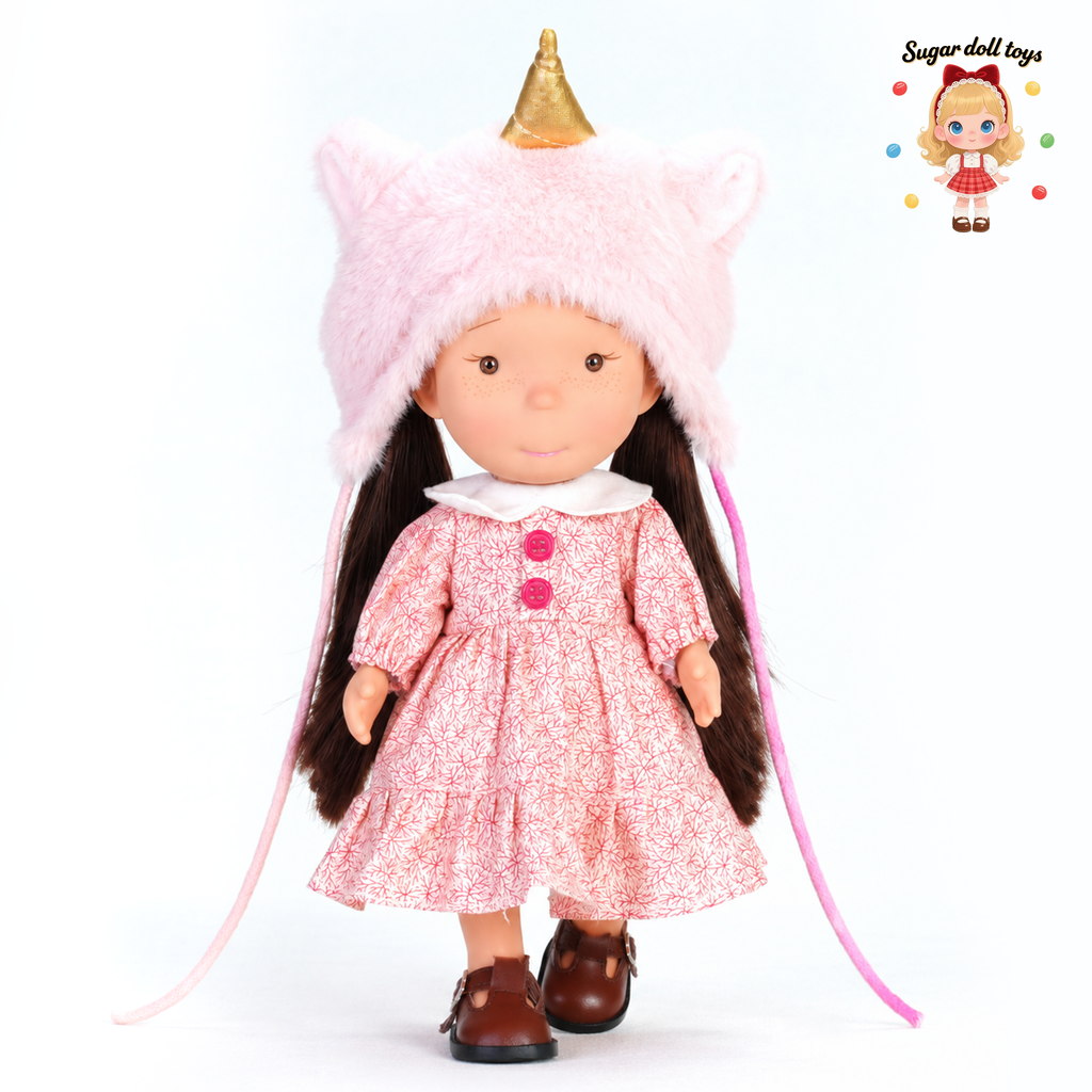 24cm Mia Freckle Long‑Face Doll, Pink Plush Unicorn Cat‑Ear Hat Floral Print Dress Collectible Dress‑Up Doll, Sweet Fantasy Gift for Girls & Doll Lovers