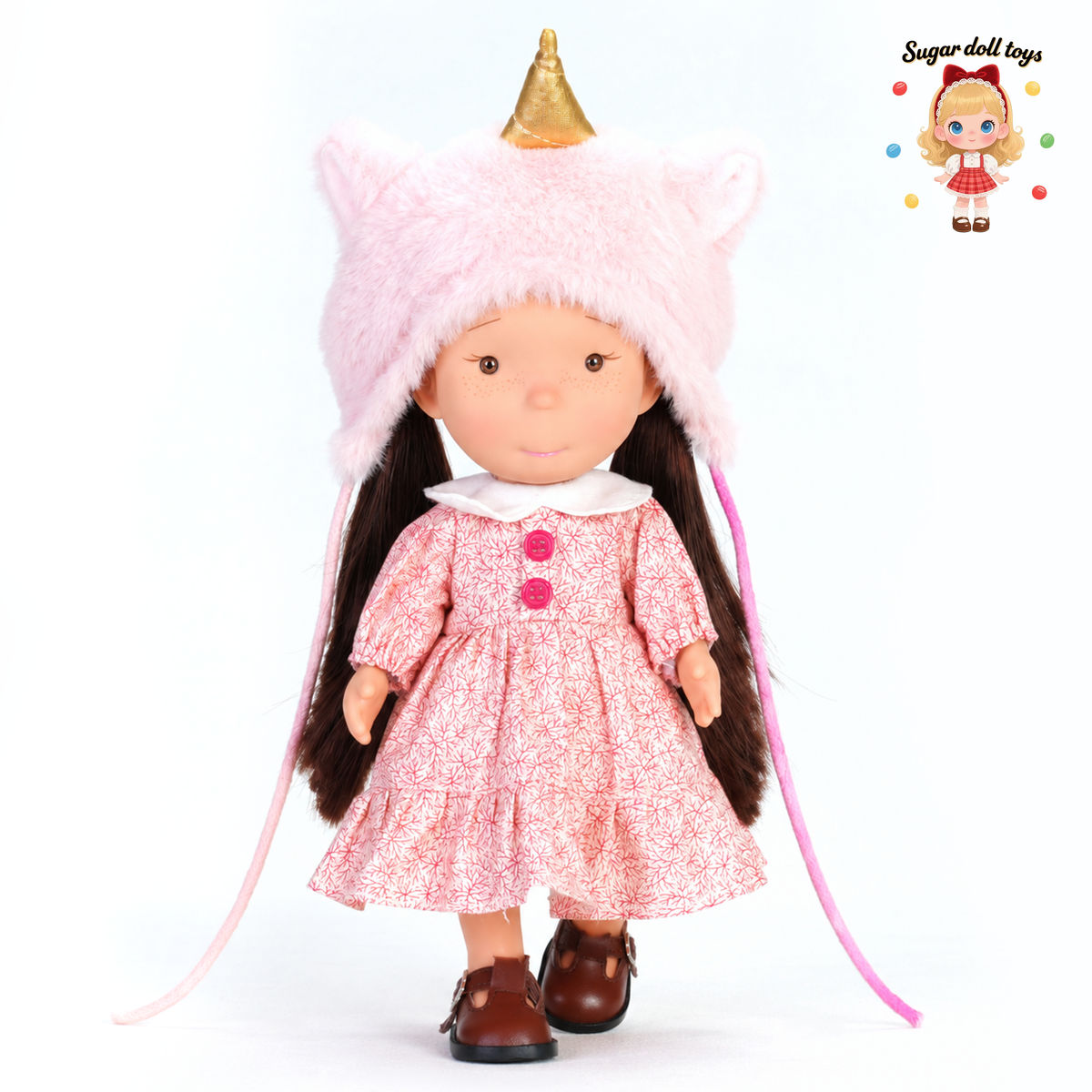 24cm Mia Freckle Long‑Face Doll, Pink Plush Unicorn Cat‑Ear Hat Floral Print Dress Collectible Dress‑Up Doll, Sweet Fantasy Gift for Girls & Doll Lovers