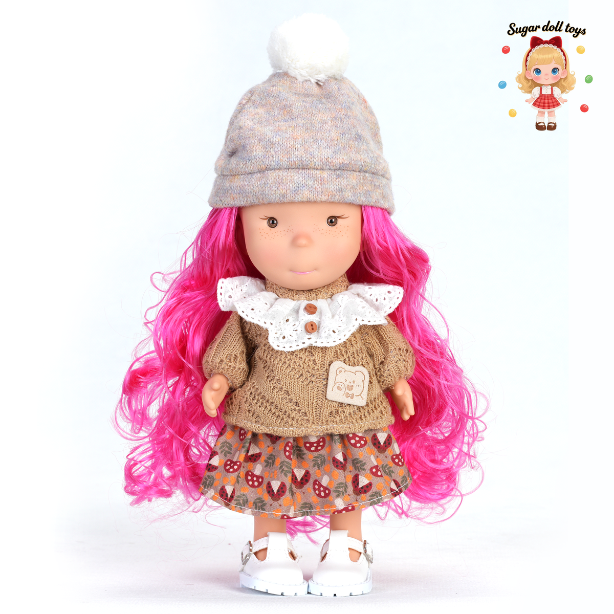 24cm Mia Freckle Long‑Face Doll, Pom‑pom Knit Hat Lace Collar Sweater Mushroom Print Skirt Collectible Dress‑Up Doll, Retro Cottagecore Gift for Girls & Doll Lovers