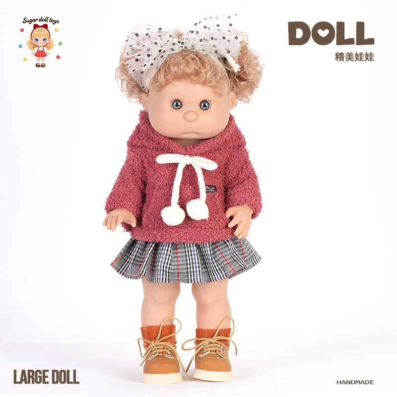 Raspberry Pink Fleece Hoodie Preppy Style Reborn Baby Doll, Handmade Exquisite Large Doll with Plaid Skirt, Perfect Gift for Kids, Collectors & Holiday Surprise