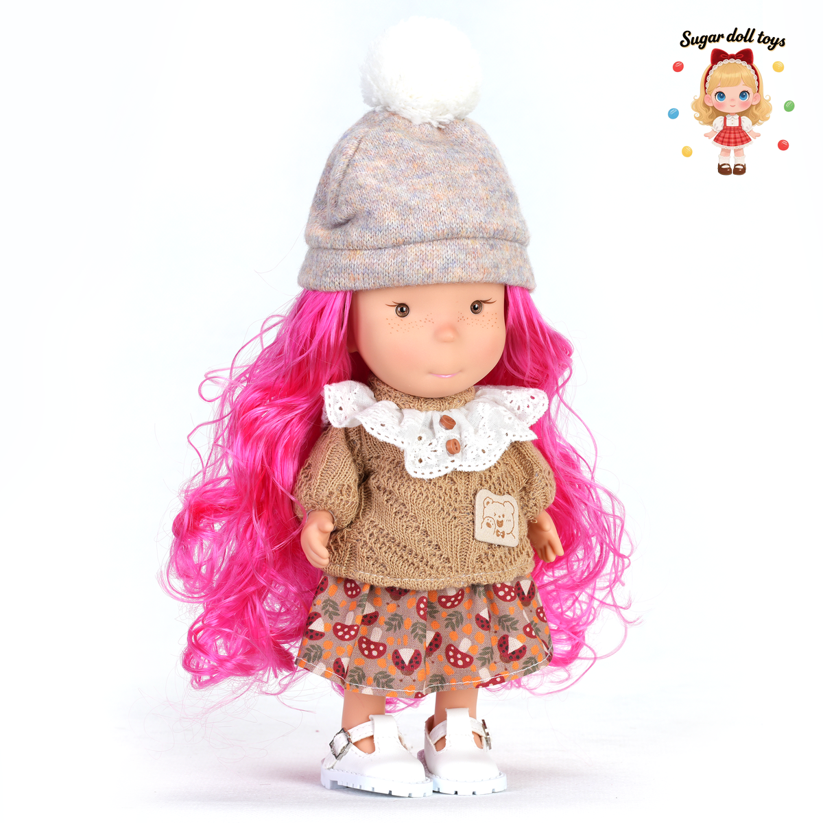 24cm Mia Freckle Long‑Face Doll, Pom‑pom Knit Hat Lace Collar Sweater Mushroom Print Skirt Collectible Dress‑Up Doll, Retro Cottagecore Gift for Girls & Doll Lovers