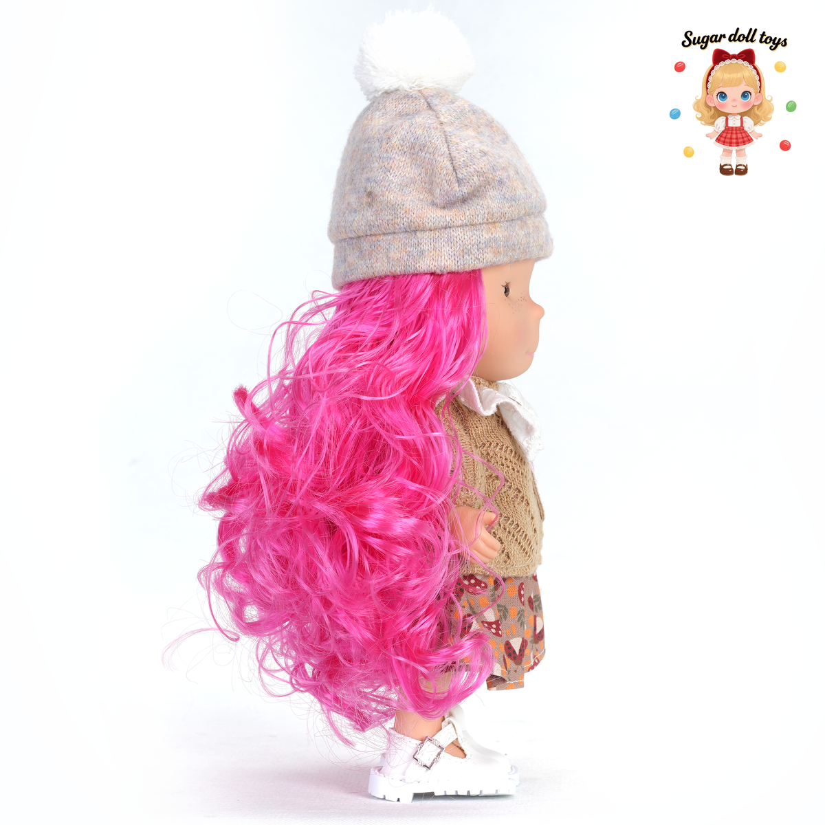 24cm Mia Freckle Long‑Face Doll, Pom‑pom Knit Hat Lace Collar Sweater Mushroom Print Skirt Collectible Dress‑Up Doll, Retro Cottagecore Gift for Girls & Doll Lovers