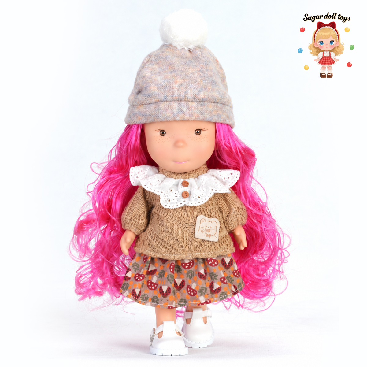 24cm Mia Freckle Long‑Face Doll, Pom‑pom Knit Hat Lace Collar Sweater Mushroom Print Skirt Collectible Dress‑Up Doll, Retro Cottagecore Gift for Girls & Doll Lovers
