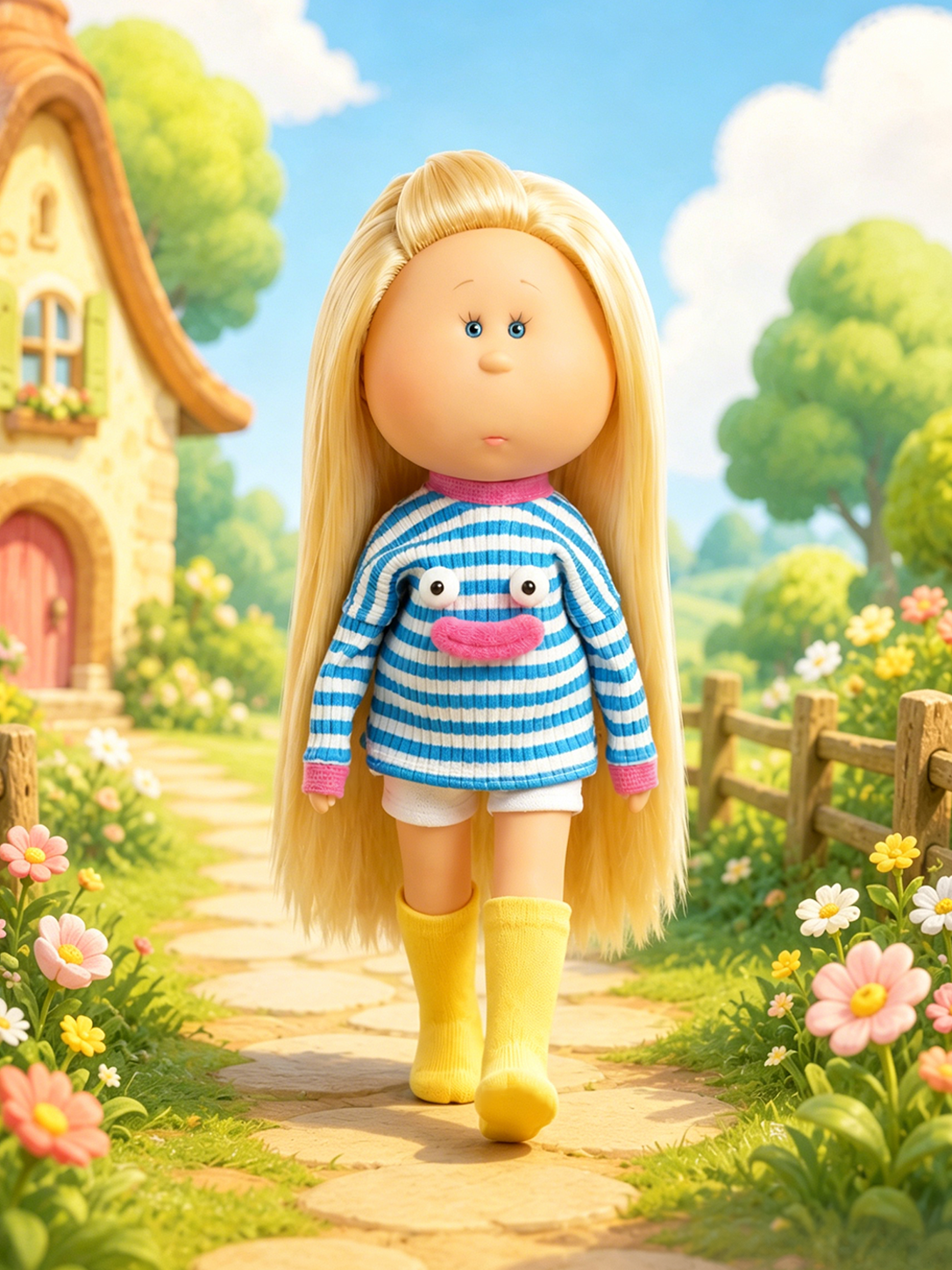 24cm Mia Long‑Face Doll, Blonde Straight Hair Cartoon Frog  Striped Knit Top Casual Outfit Collectible Dress‑Up Doll, Playful Fun Gift for Girls & Doll Hobbyists