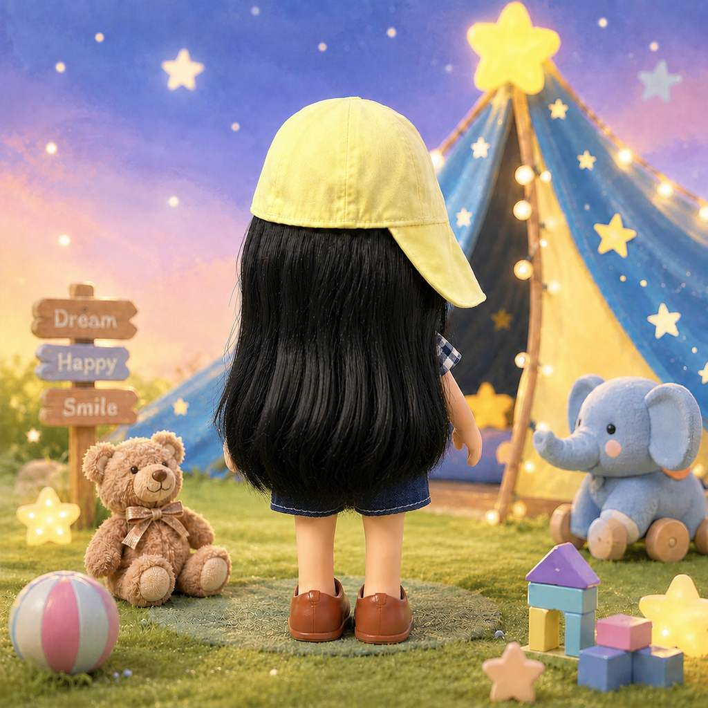 24cm MIA Potato Doll Long Straight Black Hair with Light Yellow Peaked Cap Plaid Spliced Knit Top Bear Patch Denim Shorts Brown Mary Jane Shoes Casual Dress‑Up Toy Birthday Christmas Gift for Children