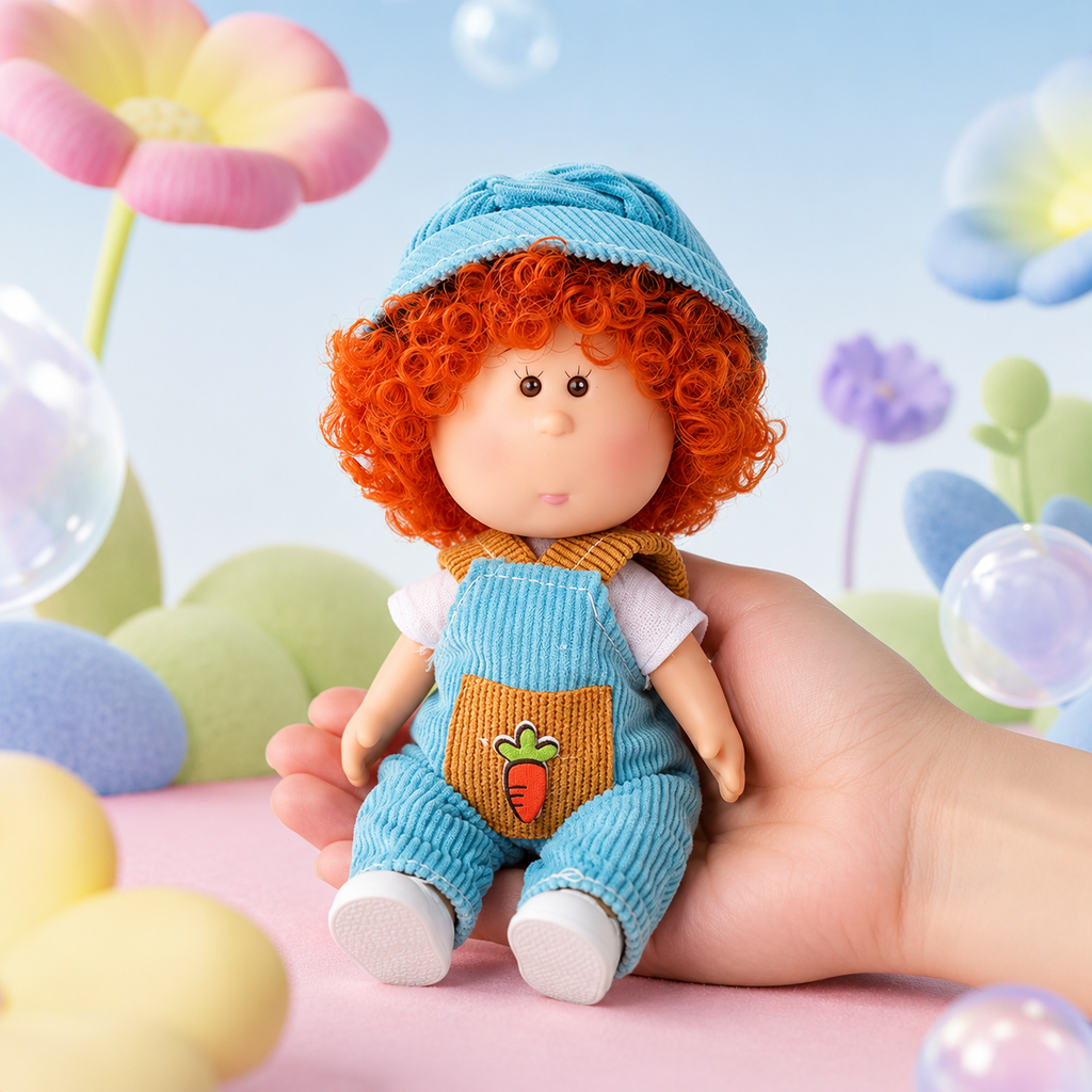 14cm MIA Potato Doll Keychain Pendant Fluffy Red Curly Hair Light Blue Corduroy Hat Carrot Patch Overalls White Inner Shirt White Shoes Braided Blue Lanyard Strap Farm Casual Style Backpack Charm Birthday Christmas Holiday Gift for Kids & Doll Collectors